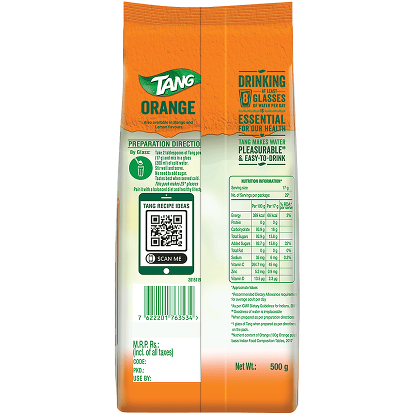 Tang Instant Drink Mix - Orange, 500 G Pouch view 2