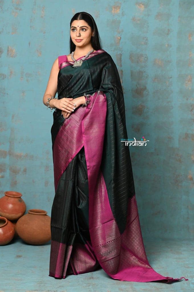 Anokhi ~ Handloom Pure Soft Silk Saree ~ Dark Bottle Green with Pink Designer Border (Limited Edition)