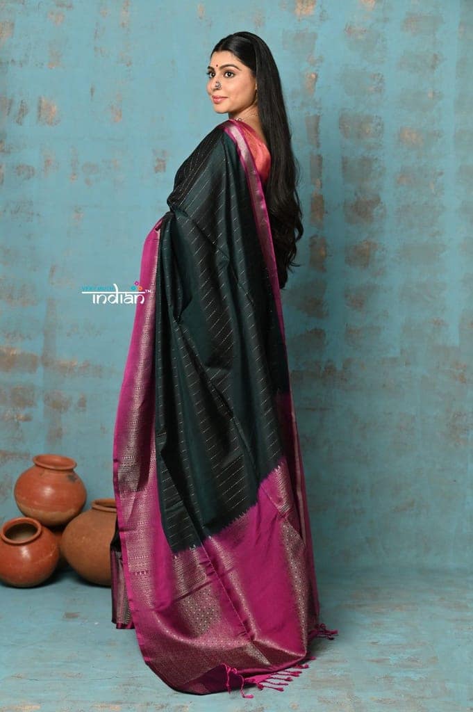 Anokhi ~ Handloom Pure Soft Silk Saree ~ Dark Bottle Green with Pink Designer Border (Limited Edition) view 2