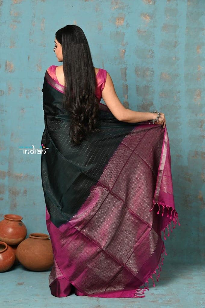 Anokhi ~ Handloom Pure Soft Silk Saree ~ Dark Bottle Green with Pink Designer Border (Limited Edition) view 3