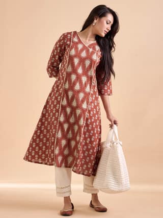 Brick Brown Pure Cotton Printed Kurti With Lace