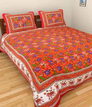 UniqChoice Rajasthani 100% Cotton Jaipuri Floral King Size 1 Double Bedsheet With 2 Pillow Cover