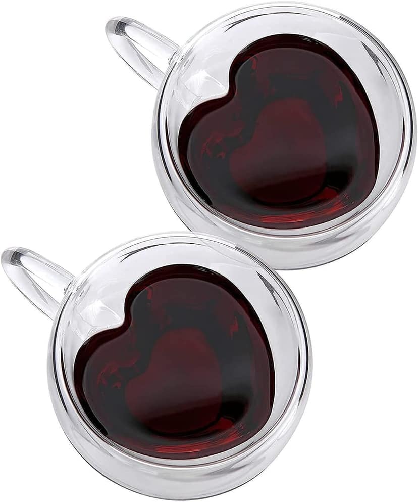 Heart Shaped Transparent Double Walled Insulated Glass Coffee Mugs or Tea Cups with Unique Handle, Borosilicate Glass Fancy Mug for Espresso, Latte, Cappuccino (170 ML,Set of 1)