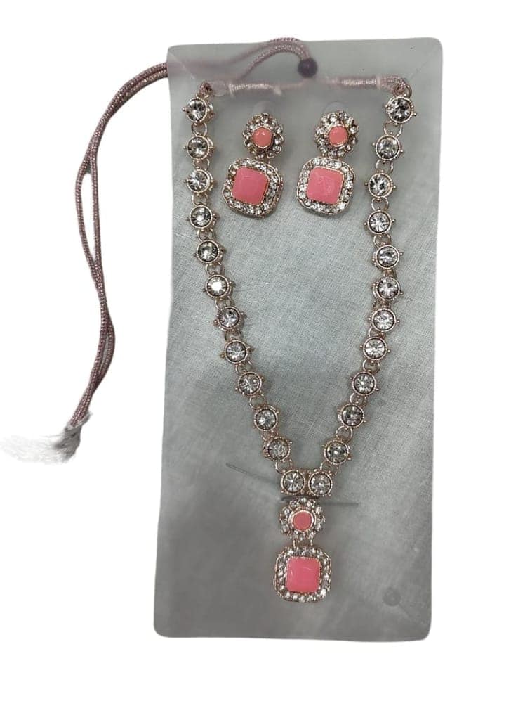 **Pink Rhinestone Necklace and Earrings Set