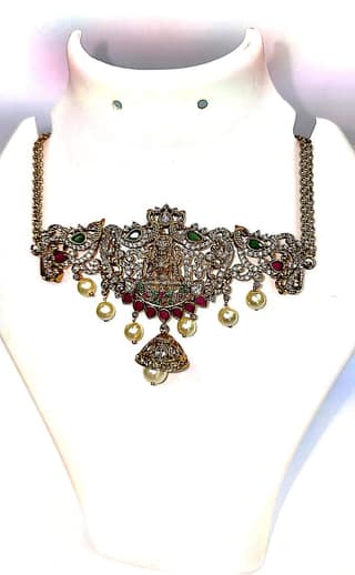Traditional Indian Gold Plated Temple Necklace Set with Pearls and Stones