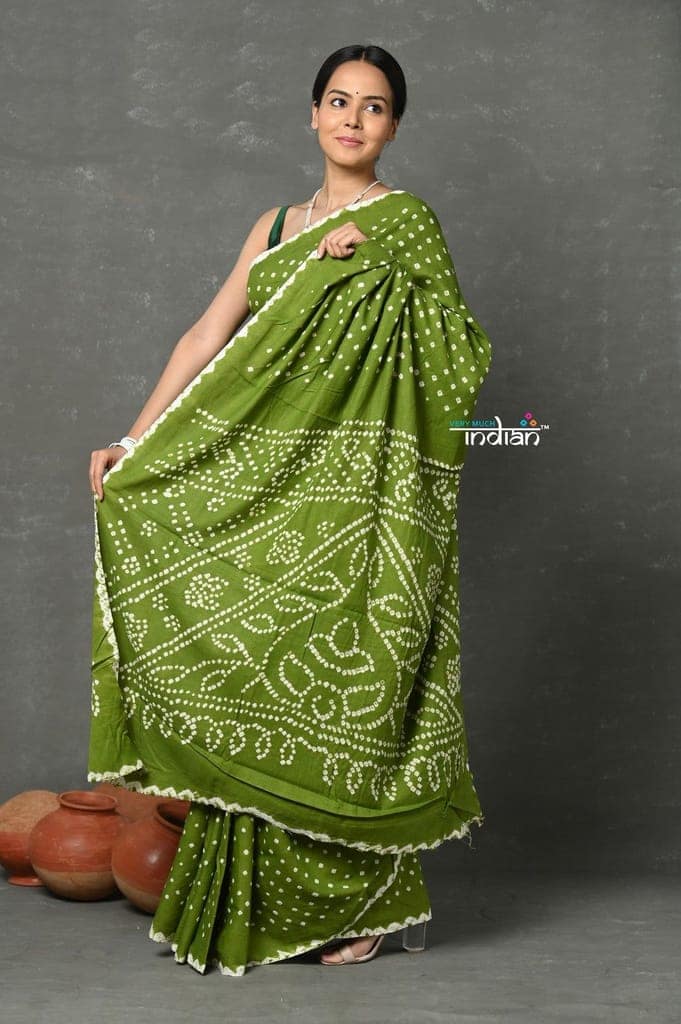 Tyohaar ~ Handmade Bandhani Pure Cotton Handloom Saree - Leaf Green view 2