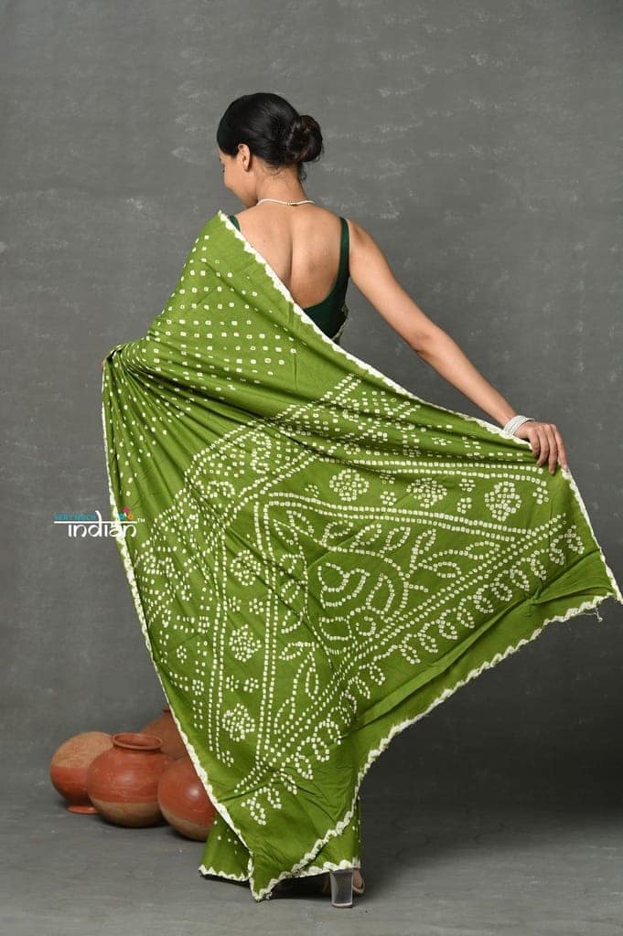 Tyohaar ~ Handmade Bandhani Pure Cotton Handloom Saree - Leaf Green view 3