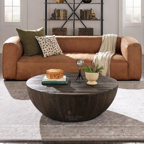 Wooden Antique Finish Round Handmade Drum Coffee Table