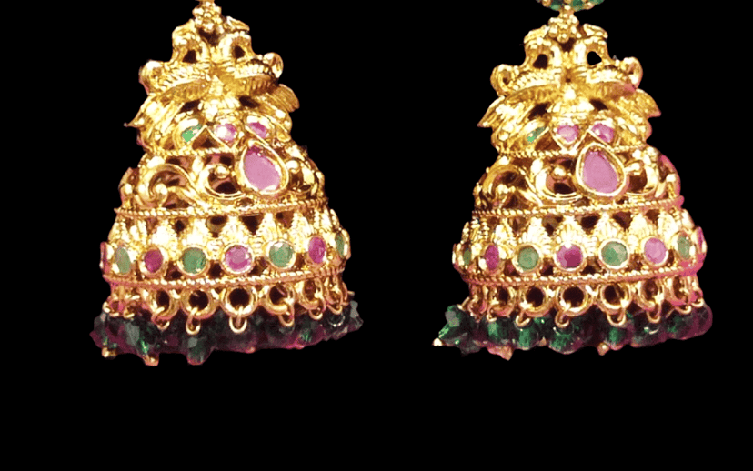 14k Gold Plated Kundan Meenakari Peacock Jhumka Earrings With Beads view 3