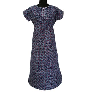 Women's Cotton Long Nightgown, Pink Floral Print, Full Length, Round Neck, Short Sleeves