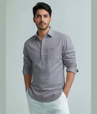 Yugnik Cotton Blend Plain Shirt Style Kurta For Men ( White )