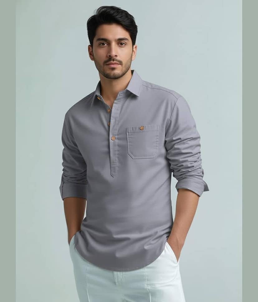 Yugnik Cotton Blend Plain Shirt Style Kurta For Men ( White )
