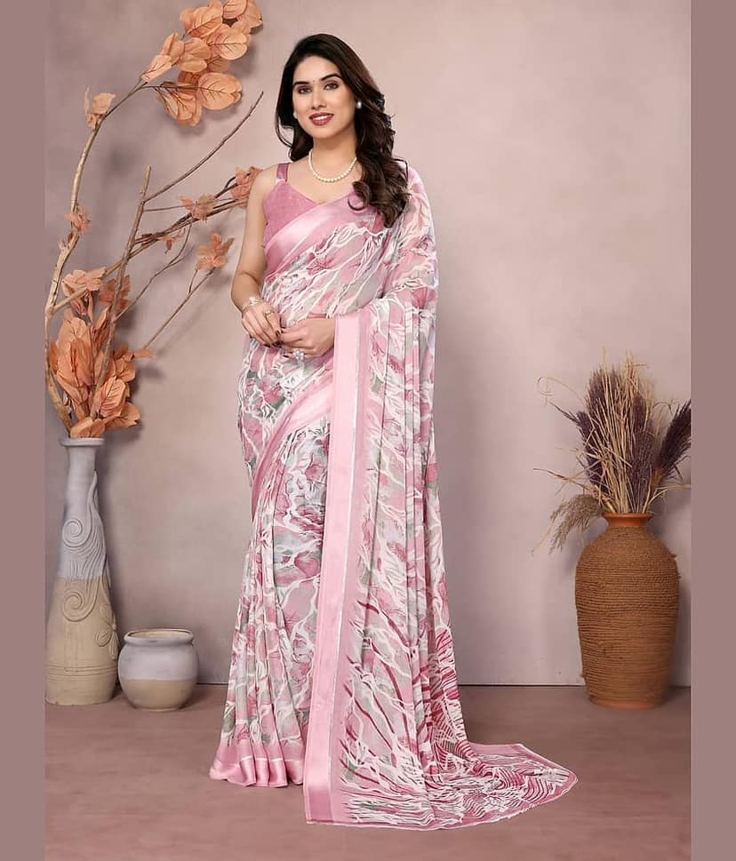 BLEESBURY Chiffon Printed Saree With Unstitched Blouse Piece ( Grey )