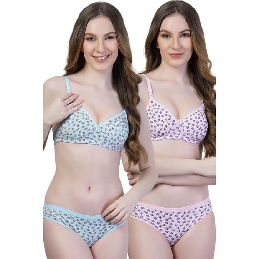 adornstar Women Cotton Lingerie Set with Stars Print Design | Non Wired and Non Padded Bra with Full Coverage Hipster Panty Set | Stylish and Soft Stretchable Fabric (Pack of 2)