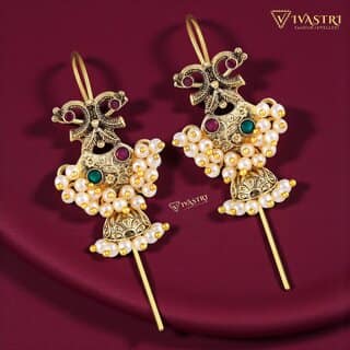 Vivastri Peacock Gold Plated Alloy Pearl Ear Cuff, Cuff Earrings Kaanphool Guttapusalu for Women & Girls - VIVA2921ERG