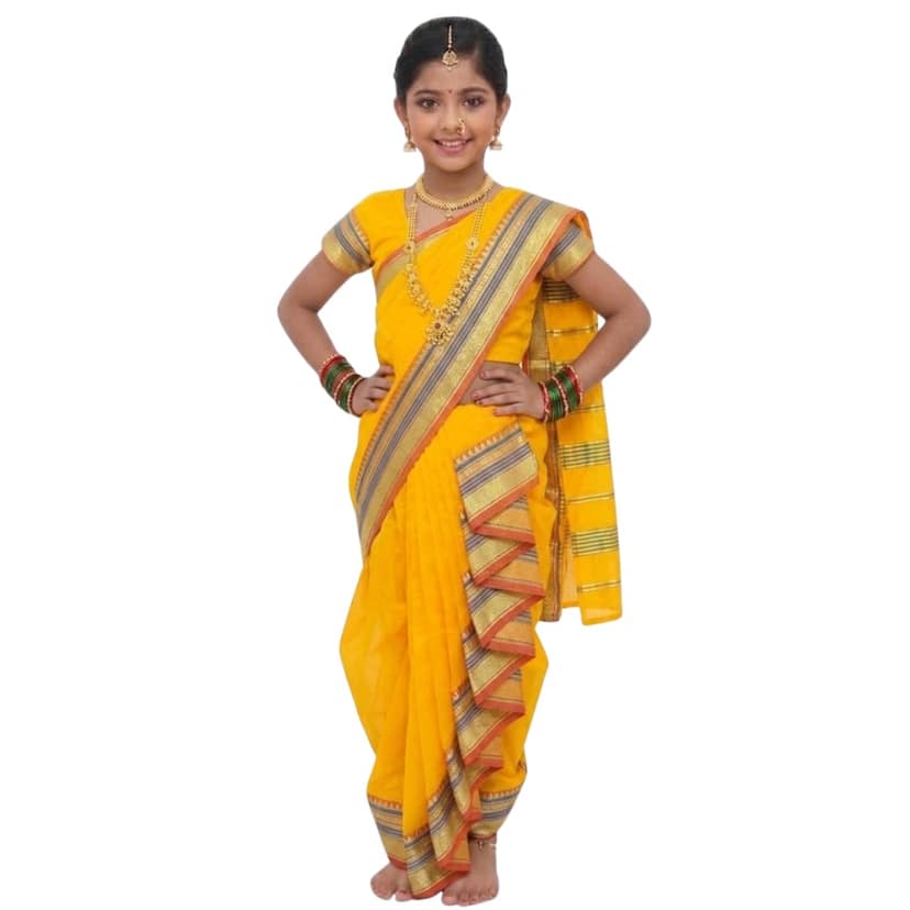 Mom and Me Girls' Ready-to-Wear Mastani Nauwari Saree with Stitched Blouse | Traditional Maharashtrian Ilkal Border | Soft Acrylic Cotton | Age 12 Months to 15 Years (Yellow, 18-24 Month)