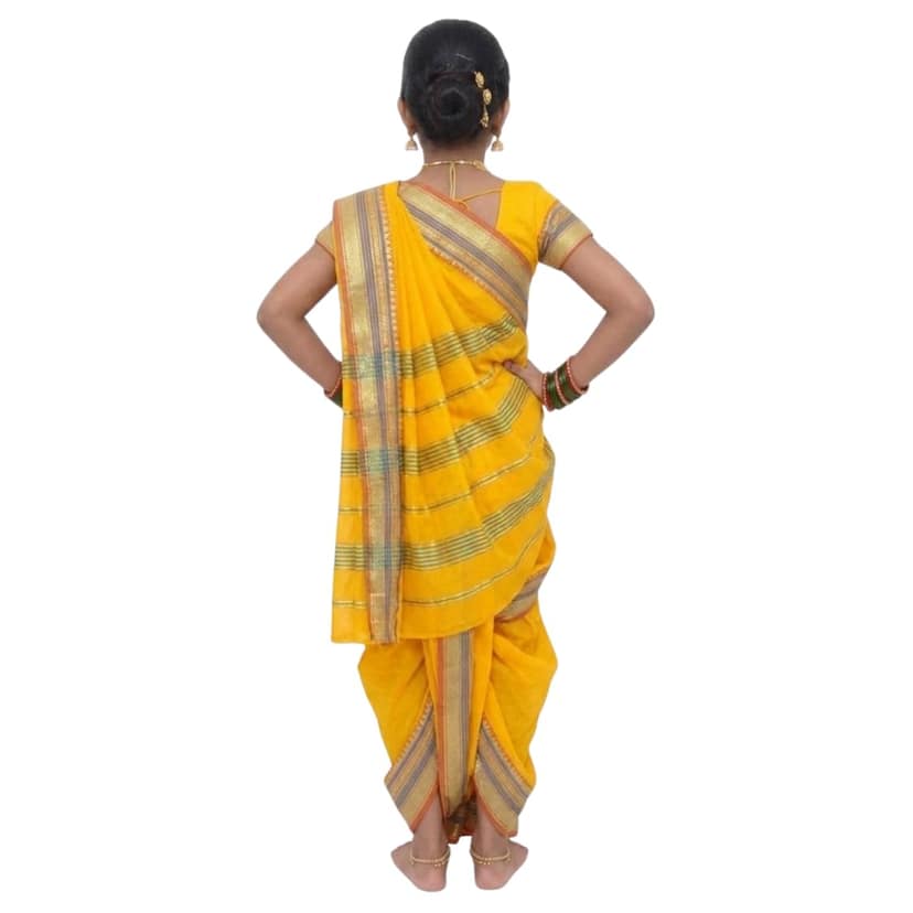 Mom and Me Girls' Ready-to-Wear Mastani Nauwari Saree with Stitched Blouse | Traditional Maharashtrian Ilkal Border | Soft Acrylic Cotton | Age 12 Months to 15 Years (Yellow, 18-24 Month) view 2