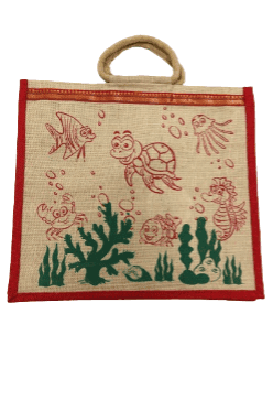 PALAK SAXENA Jute Bag for Shopping - Shoulder Bag | Eco Friendly Bags for Shopping - Cute & Quirky Collection (Tortoise, Fish - Red)