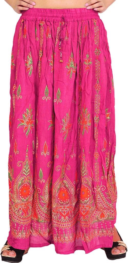 Magenta Long Skirt With Printed Flowers and Embroidered Sequins