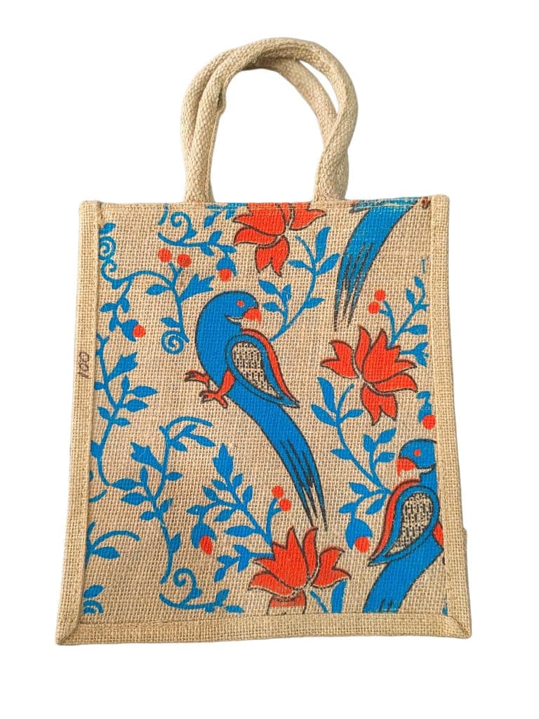 Jute Tote Bag with Floral and Parrot Print.