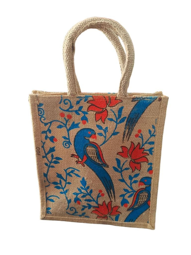 Jute Tote Bag with Floral and Parrot Print. view 2