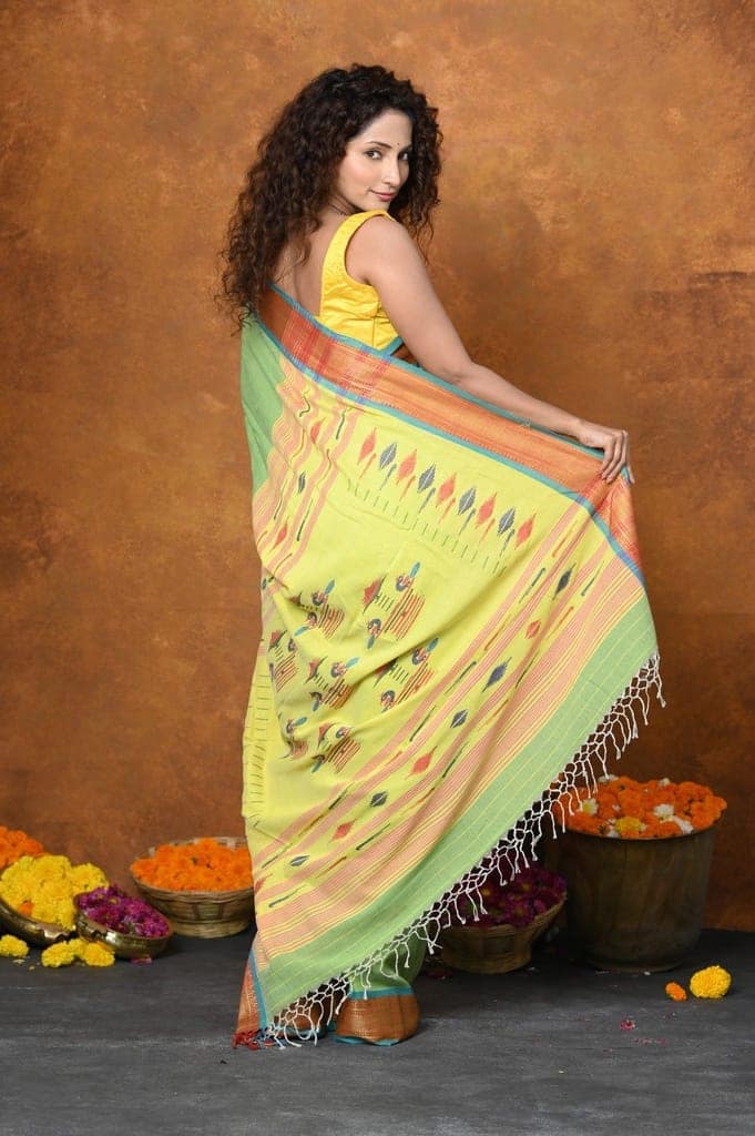 Handloom Pure Cotton Jijamata Paithani Saree With Traditional Double Pallu~Parrot Green view 4