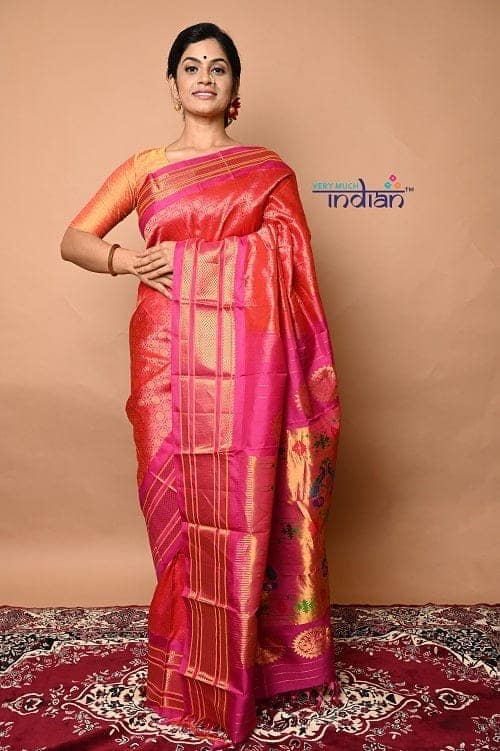 Pure Silk Handloom Maharani Paithani - Complete Brocade Work throughout Saree - Peach Pink with Pink Border