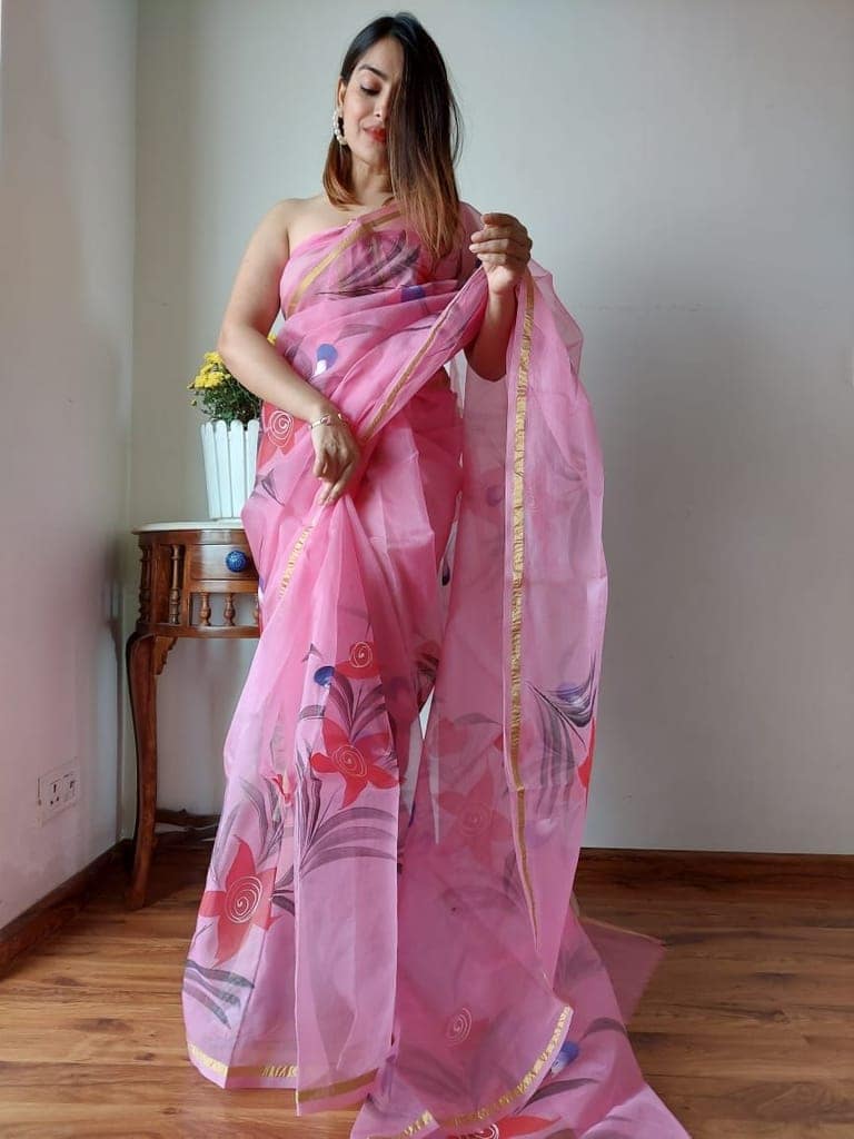 Hand Painted Organza Saree Pink Colour with touch of gold print in vibrant Indian colours and matching running Blouse-6756