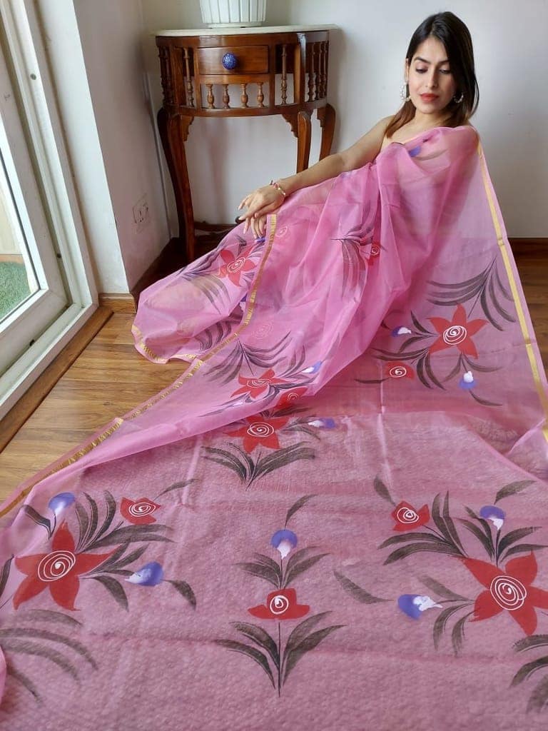 Hand Painted Organza Saree Pink Colour with touch of gold print in vibrant Indian colours and matching running Blouse-6756 view 2