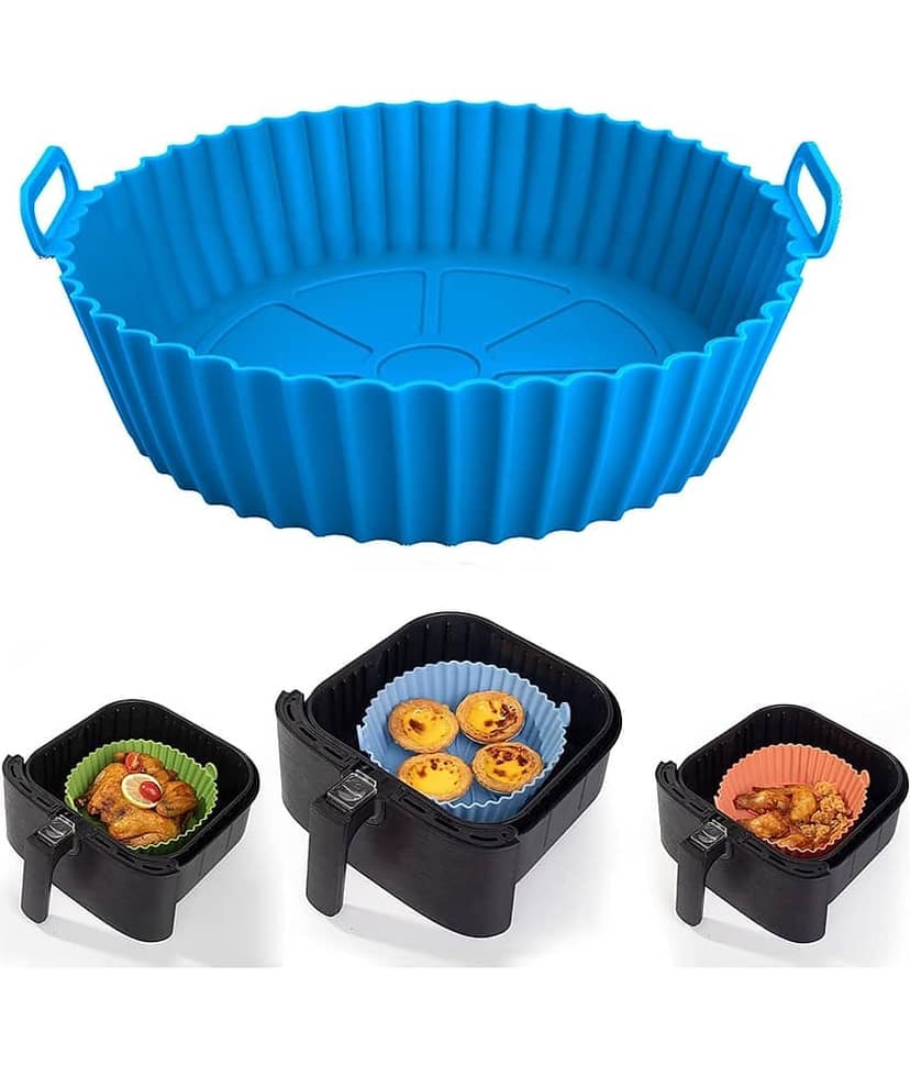 Bhavyta Air Fryer Silicone Liners, Round, Square 8 Inch Reusable Non-Stick Basket with Ear Handles, Heat Resistant Multicolor Baking Tray Pot Insert for Air Fryer, Oven, Microwave, Easy to Clean