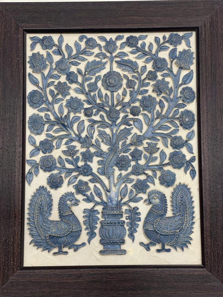 Stone Dust painting, Framed Tree of Life Wall Art with Peacocks, Blue, Decorative Relief Panel, Traditional Indian Design Size(30 * 36cm)