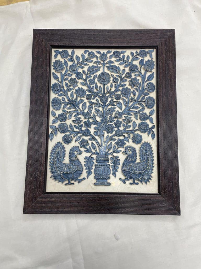 Stone Dust painting, Framed Tree of Life Wall Art with Peacocks, Blue, Decorative Relief Panel, Traditional Indian Design Size(30 * 36cm) view 2