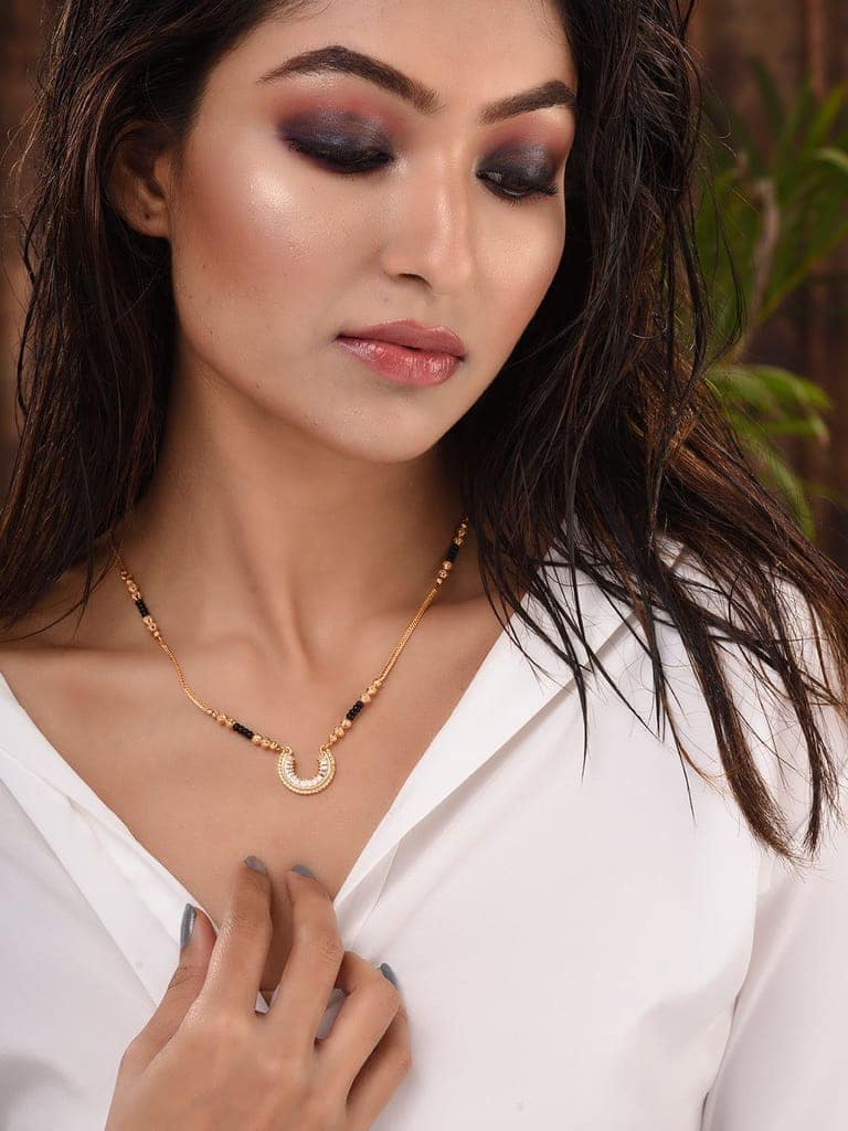 Gold Plated White AD Studded & Beaded Pendant Mangalsutra COMBO view 2