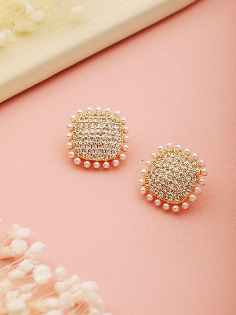 Gold Toned AD Studded Pearl Minimal Studds Earring view 2