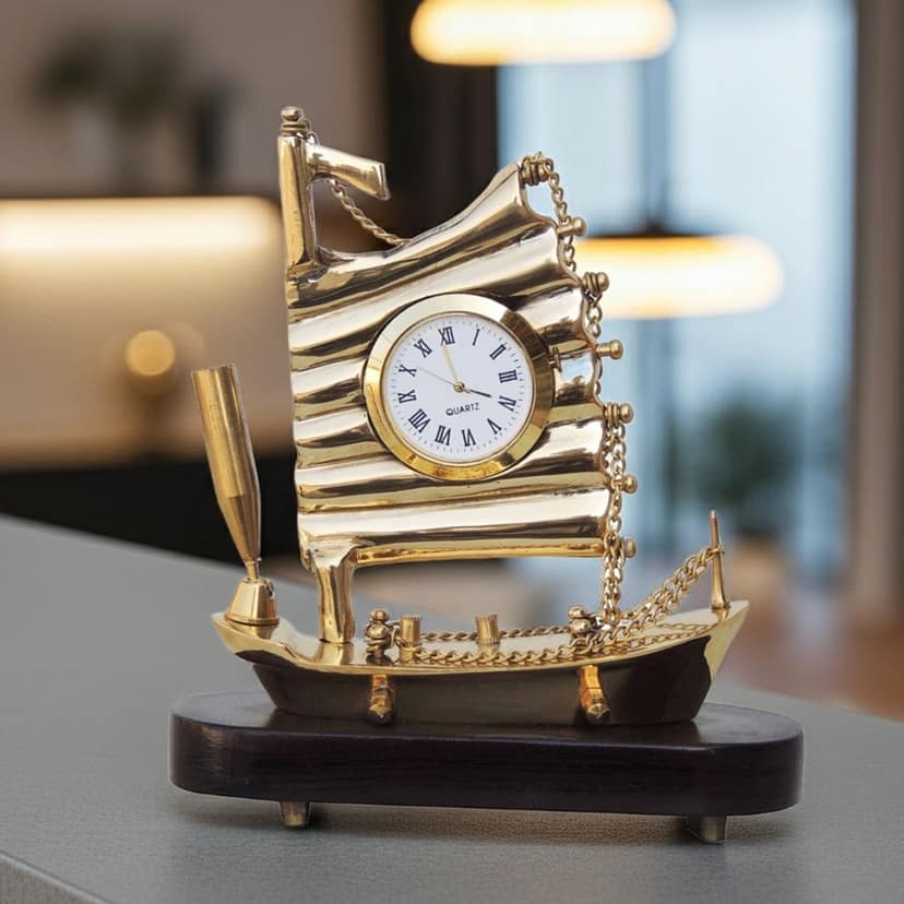 Brass & Wood Ship Clock Big Showpiece | Luxury Marine Theme Home D�cor, Height : 6.5 Inch (ZMAS111 B)