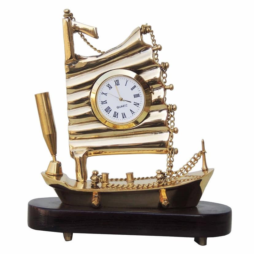 Brass & Wood Ship Clock Big Showpiece | Luxury Marine Theme Home D�cor, Height : 6.5 Inch (ZMAS111 B) view 2