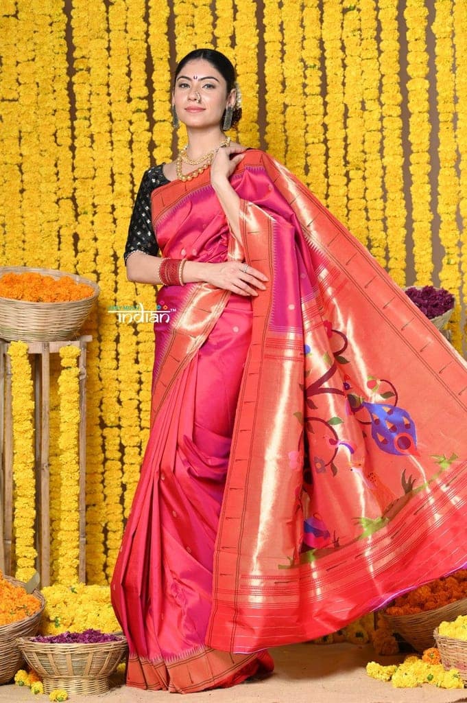 Rajsi~ Handloom Pure Silk Muniya Border Saree WIth Handcrafted Peacock Pallu in Orangish Pink view 2