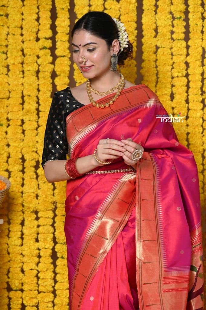 Rajsi~ Handloom Pure Silk Muniya Border Saree WIth Handcrafted Peacock Pallu in Orangish Pink view 3