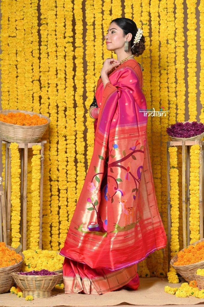 Rajsi~ Handloom Pure Silk Muniya Border Saree WIth Handcrafted Peacock Pallu in Orangish Pink view 4