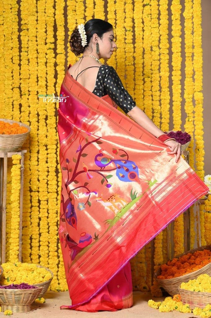 Rajsi~ Handloom Pure Silk Muniya Border Saree WIth Handcrafted Peacock Pallu in Orangish Pink view 5