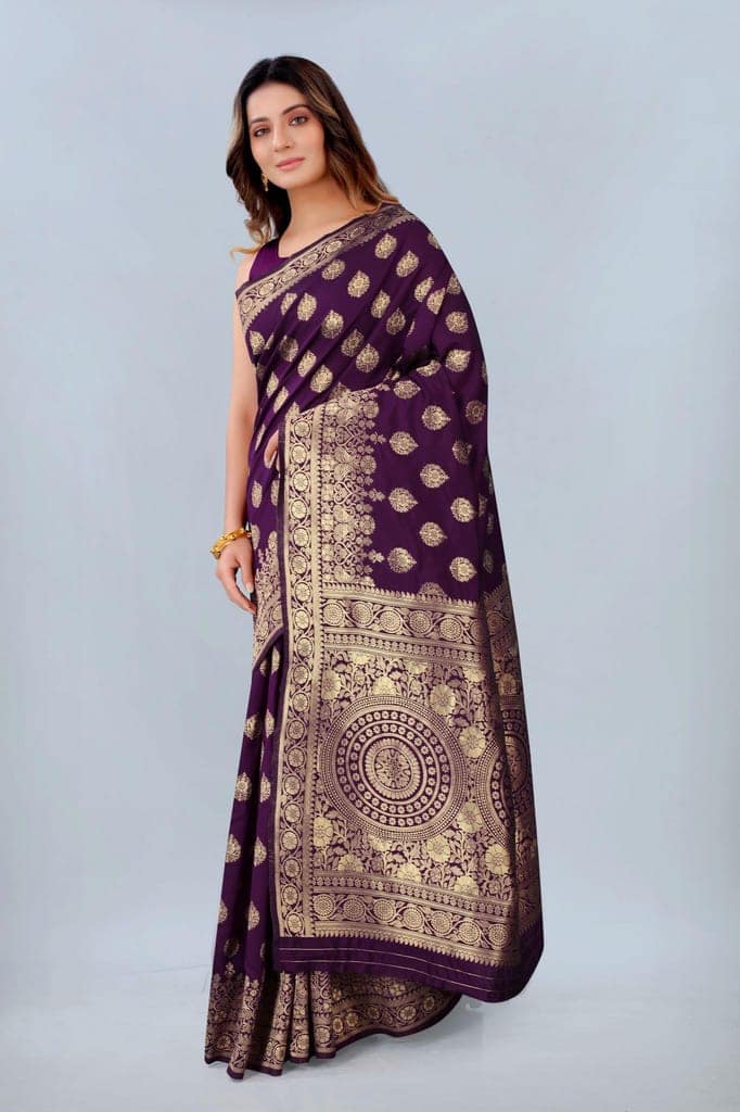 Women's Banarasi Silk Woven Wine Saree with Unstitched Blouse Piece view 2