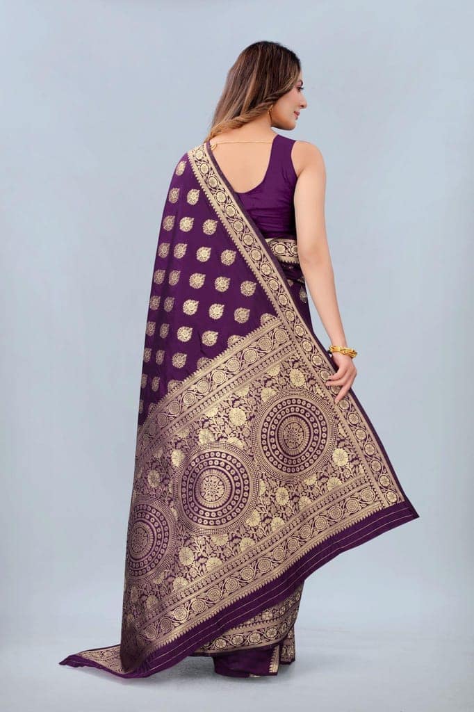 Women's Banarasi Silk Woven Wine Saree with Unstitched Blouse Piece view 4