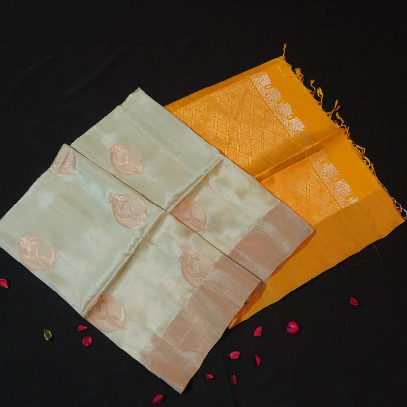 Pastel Pista Green Kanchipuram Soft Silk Saree with Mustard Pallu