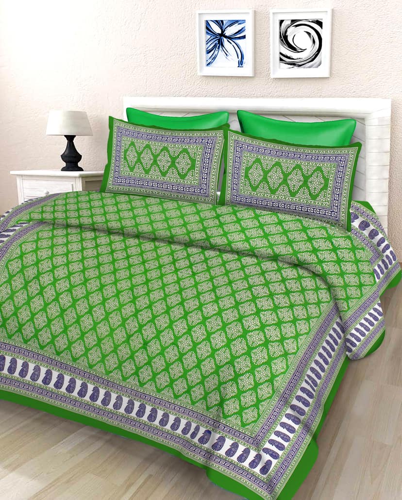 Lali Prints Green White Ethnic Motifs Cotton 130 TC Queen Bedsheet with 2 Pillow Covers
