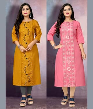 RIAANA Women Cotton Blend Embroidered Straight Kurti ( Multicolor )