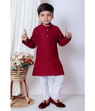 New Collection Boys Cotton Blend Sequined - Pattern Kurta Pant Set ( Dark Blue , Pack of 1 )
