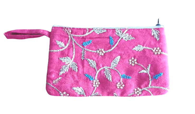 Embroidered Pink Zipper Pouch / Makeup Organizer Bag view 3