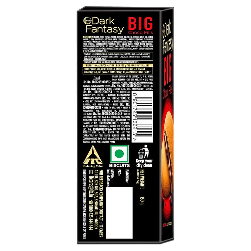 Sunfeast Dark Fantasy Big Choco Fills, 150G, Big Crunchy Cookies Filled With Choco Crème view 2