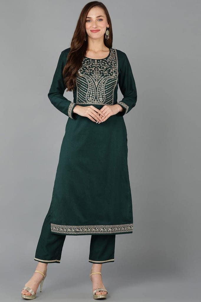 Green Silk Blend Straight Kurta VCK9114