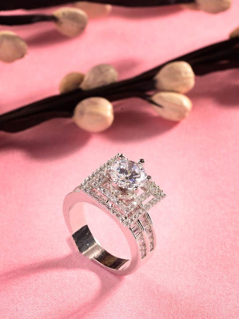 Silver Toned White AD Studded Solitaire Square Finger Ring